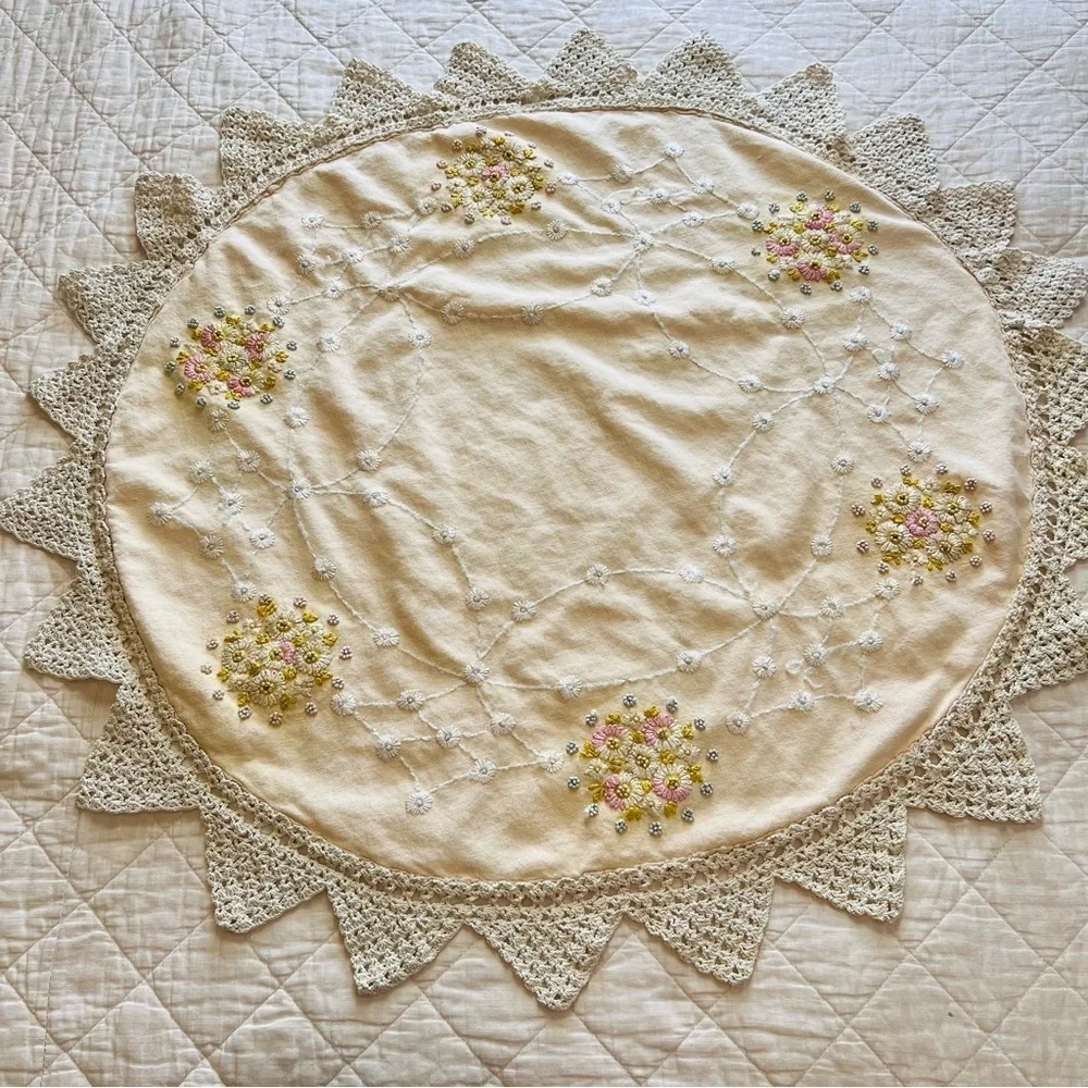 Vintage Round Embroidered Table Topper with Crochet Trim – 37”x34”